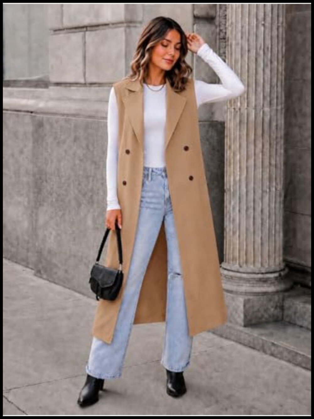 Sleeveless Double Breasted Trench Vest with Self Belt Notch Lapel Pockets - Picture 2 of 4